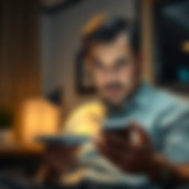 A concerned father looking at his phone, worried about a recent $5,000 payment to a potential scammer.