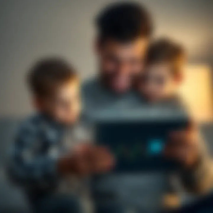 A father holding his two sons while looking at a digital investment chart on a tablet, symbolizing his investment in XRP for their future.