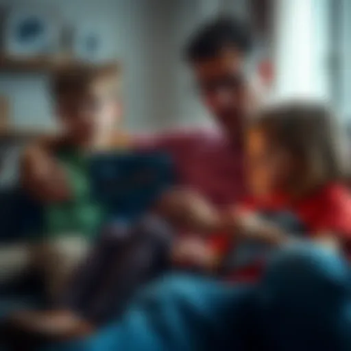 A father sitting on a couch with his children, looking concerned while holding a smartphone displaying cryptocurrency charts.