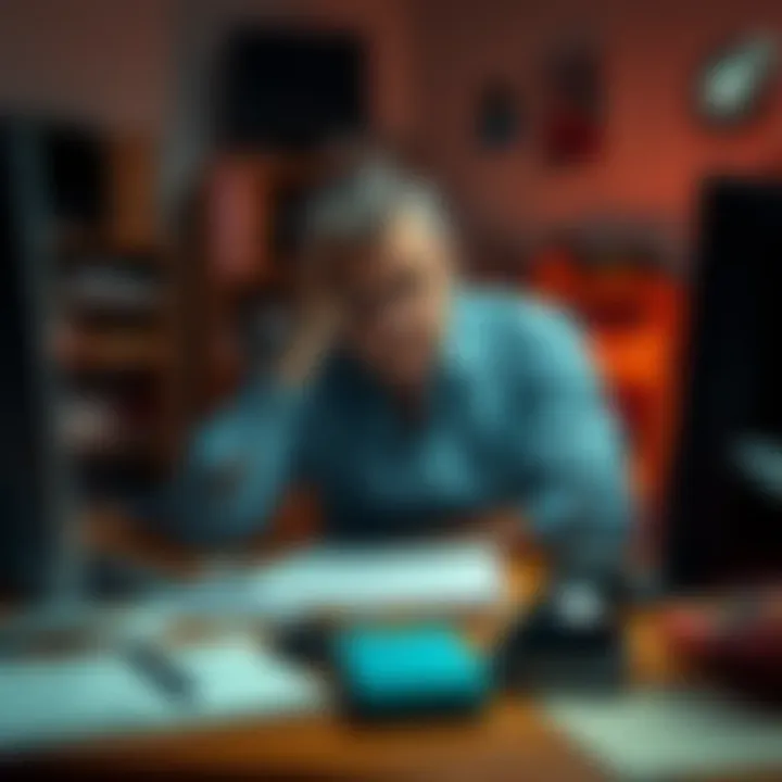 Fatigued worker at desk A tired person sitting at a cluttered desk with their head resting on their hand, showing signs of fatigue and frustration at work.