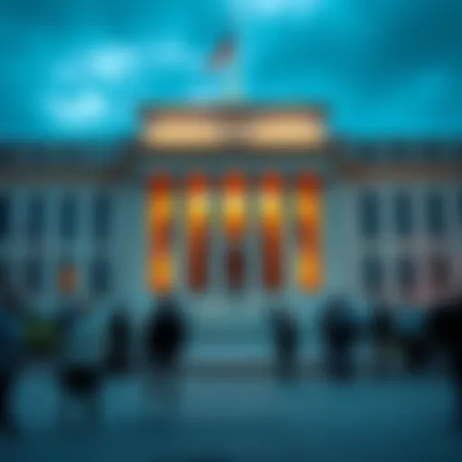 View of the Federal Reserve building with people discussing economic policies outside