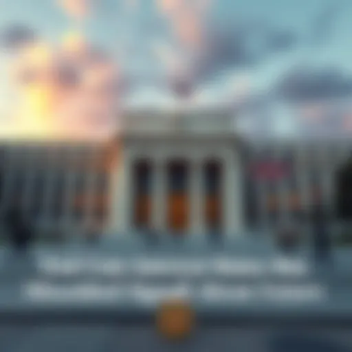 Exterior view of the Federal Reserve building with flags and people walking nearby