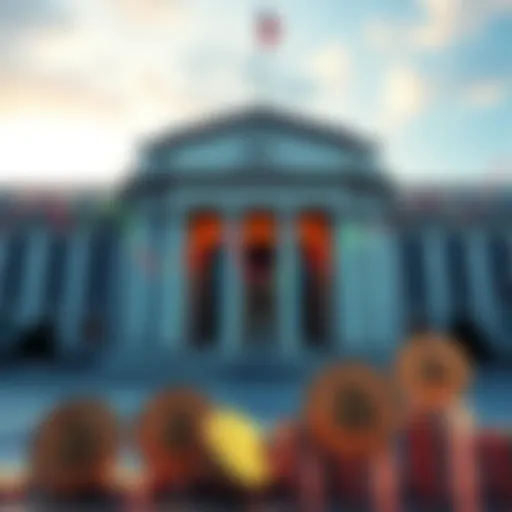 A representation of the Federal Reserve building with a graph showing inflation rising and Bitcoin symbols in the foreground, illustrating the economic struggle between inflation control and Treasury ...