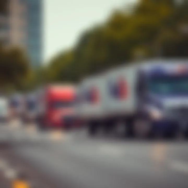 Several FedEx trucks driving on a busy street, symbolizing increased activity and speculation about HBAR.