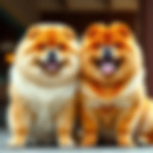 A female chow and a male chow sitting side by side, showcasing their differences in temperament, with a friendly atmosphere.