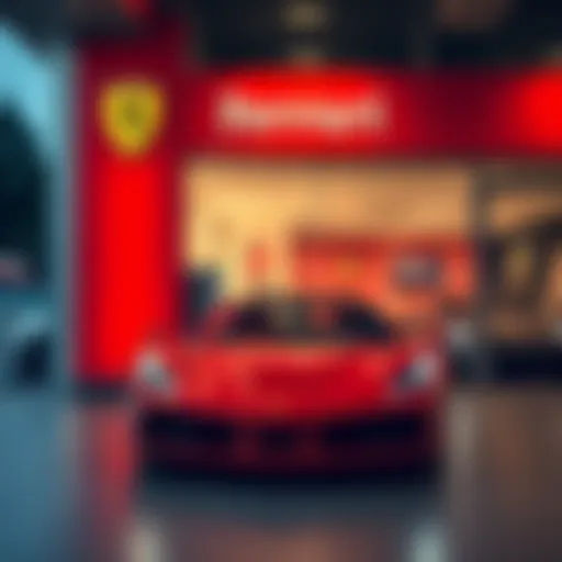 A Ferrari dealership showcasing a sign indicating acceptance of cryptocurrency payments, attracting tech-savvy customers.