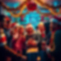 A lively group of people celebrating CryptoBro holidays with decorations and themed outfits.