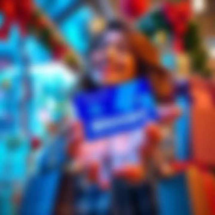 A person happily shopping during Christmas, holding a BitMart card surrounded by holiday decorations and gift boxes