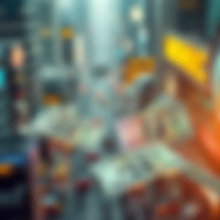 A visual representation of different fiat currencies like dollars and euros, with a background showing a busy cityscape emphasizing financial activity.