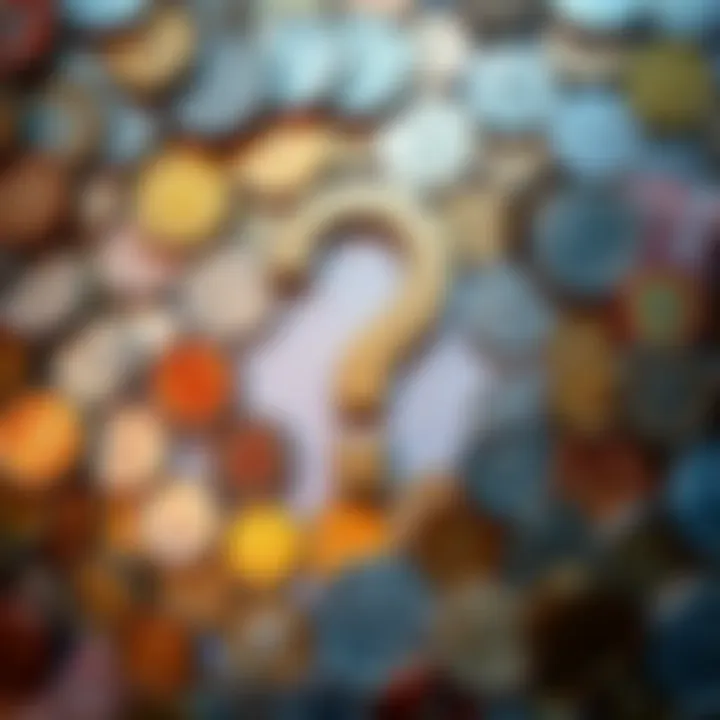 A collection of various coins and banknotes arranged with a large question mark in the center, symbolizing doubt about the future of FIAT currency.