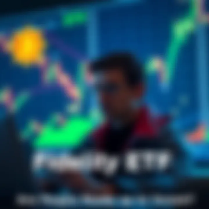 A graphic showing a person analyzing investment options with Bitcoin symbols and ETF charts in the background