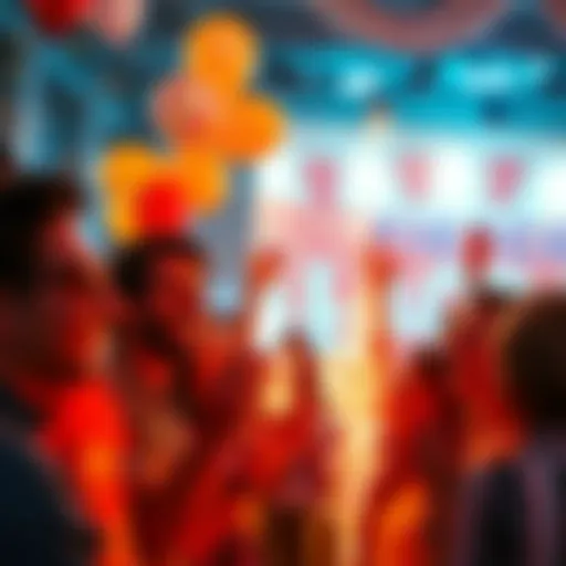 A joyful gathering celebrating Fierce's achievements with people smiling and applauding, balloons and banners in the background.