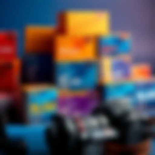 A collection of film stock boxes showcasing vibrant colors, emphasizing rich blues and saturation, with a camera and film in the foreground