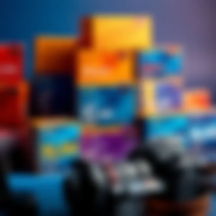 A collection of film stock boxes showcasing vibrant colors, emphasizing rich blues and saturation, with a camera and film in the foreground