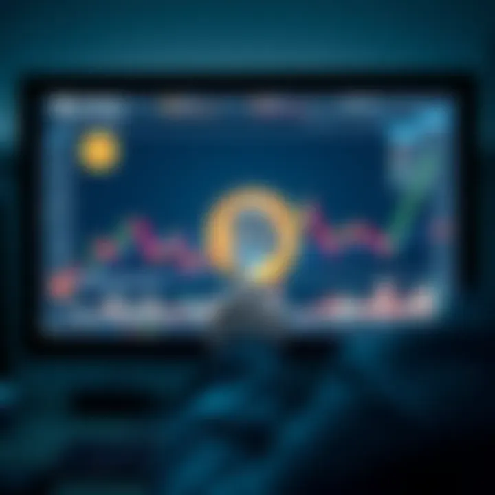 A worried person staring at a Bitcoin chart on a computer screen, representing the financial struggles of investing without knowledge.