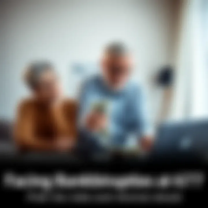 Financial Concerns at Age 67 A worried senior couple discussing finances with bills and a laptop on a table