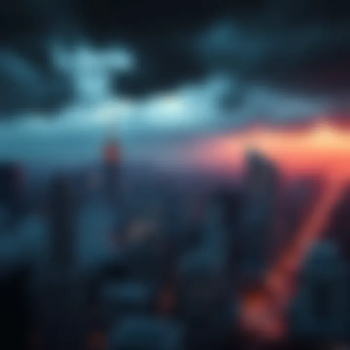 A darkened city skyline representing economic instability with signs of a financial crisis.