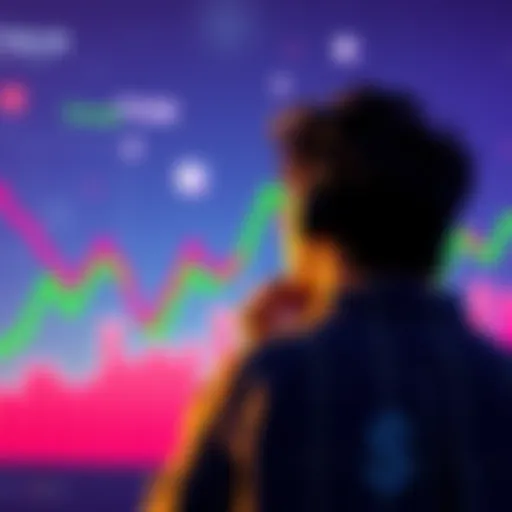 A person contemplating financial choices with a dollar sign in front, looking at a graph of rising and falling prices.