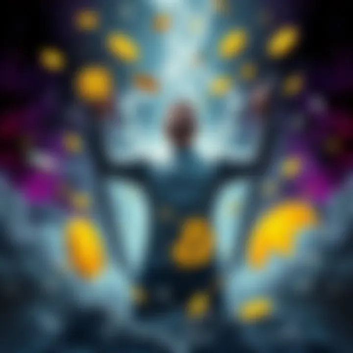 A person breaking chains representing freedom from traditional currency beliefs, surrounded by symbols of cryptocurrency and wealth.