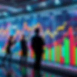 A colorful graph showing financial trends and earnings over time, with people analyzing the data.