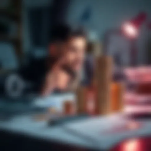 A person looking at a growing stack of coins with a calculator and financial documents on the desk.