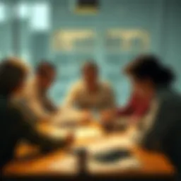 A group of people sitting at a table, studying charts and financial documents, looking focused on improving money management