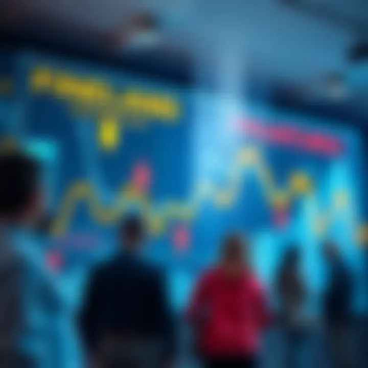 A graph showing declining financial trends with downward arrows and concerned people discussing near a screen