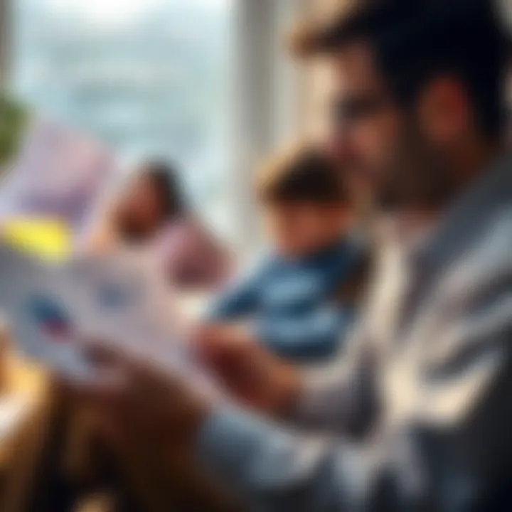 A 33-year-old person reviewing financial documents and charts, with a family photo in the background, symbolizing their goal of retiring at 55 while planning for children.