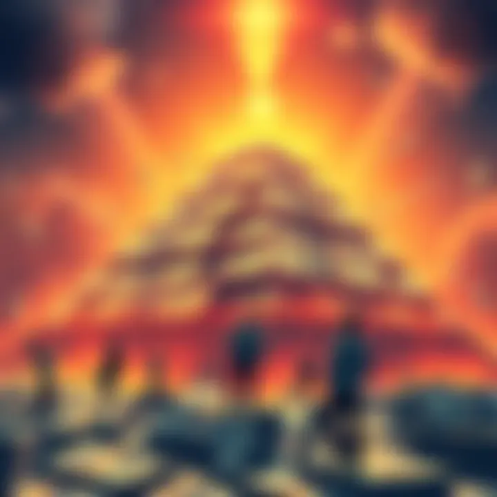 Financial Pyramid Scheme Illustration of a large pyramid made of money with people at the base, symbolizing participation in a financial scheme.