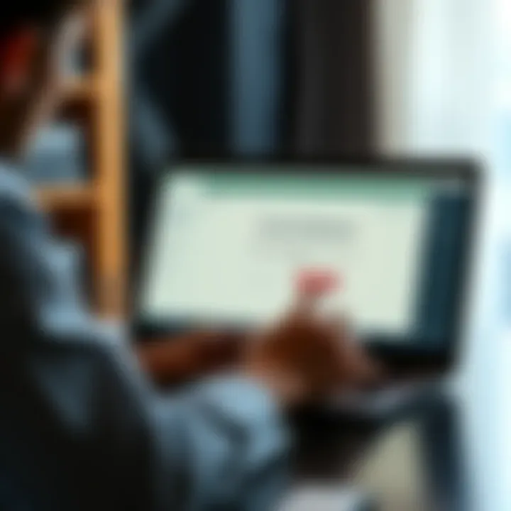 A person sitting at a desk with a laptop open, displaying a financial statement download option in XLS or CSV format.