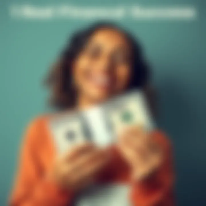 A person happily holding a stack of hundred dollar bills with a bright smile, representing financial independence and achievement.