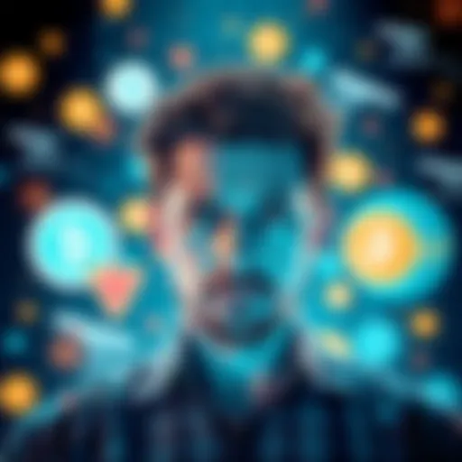 A person worried about financial data privacy, surrounded by virtual currency symbols and surveillance icons