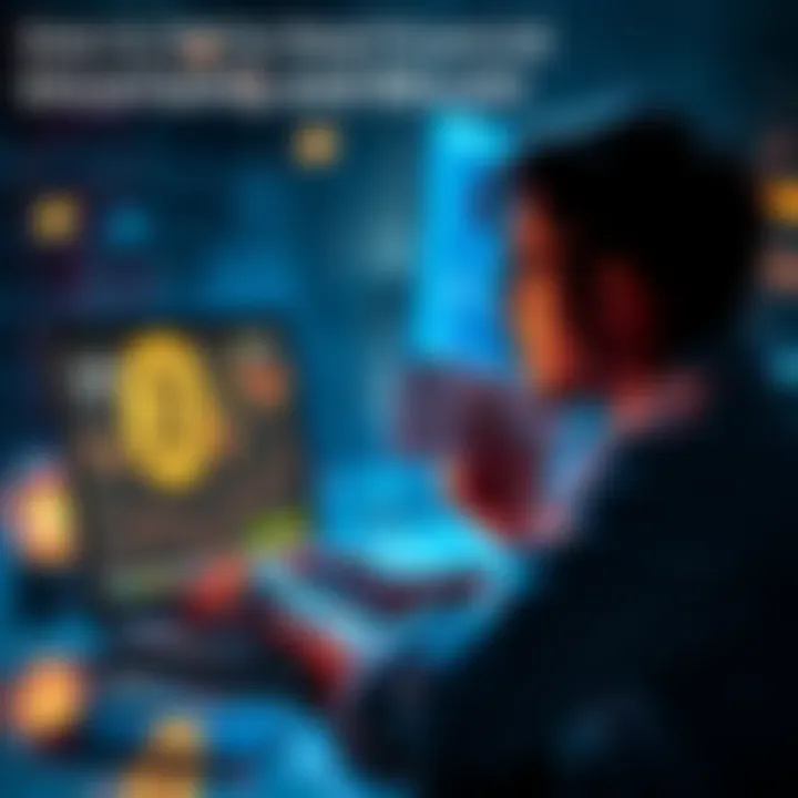Individual looking at a laptop screen displaying Bitcoin graphics while holding money, symbolizing financial uncertainty and alternative investments.
