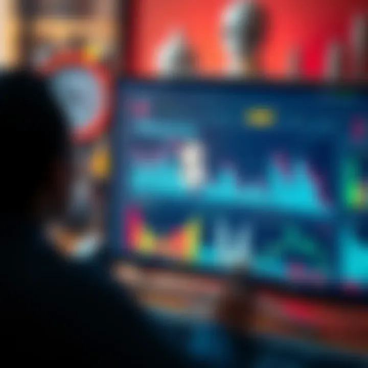 A person looking at a computer screen with financial graphs and dollar signs, searching for money-making ideas.