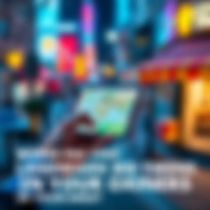 A person looking at a map with a smartphone in hand, searching for landmark bid tokens in a local area.