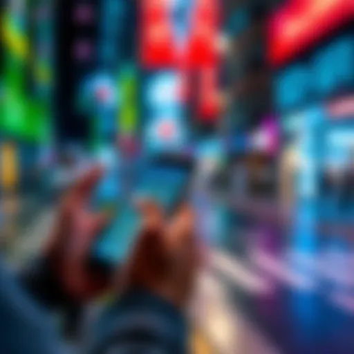 A person using a map app on a smartphone to locate landmarks for bidding in a city area