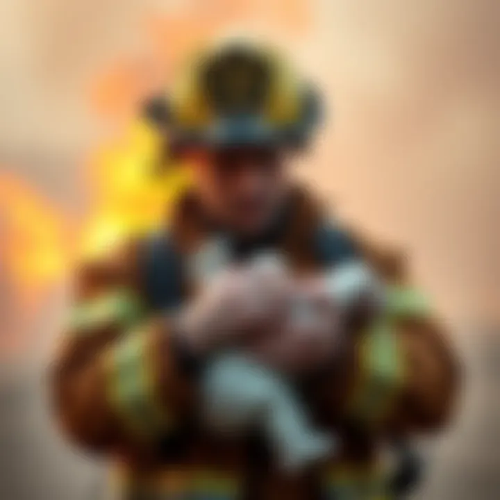A firefighter holding his newborn baby, looking emotional as he prepares to leave for work.
