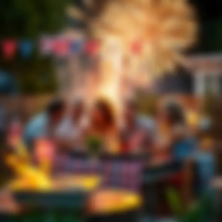 A group of friends enjoying fireworks at a backyard barbecue while celebrating Independence Day, with flags and festive decorations around.