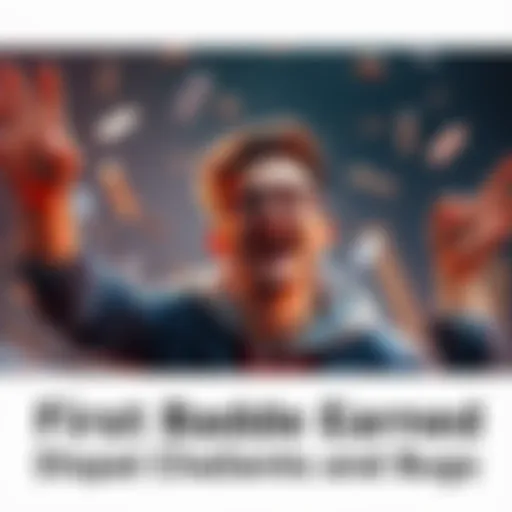 A person celebrating after earning their first badge, with a big smile, surrounded by obstacles like bugs and challenges, showing excitement and achievement.