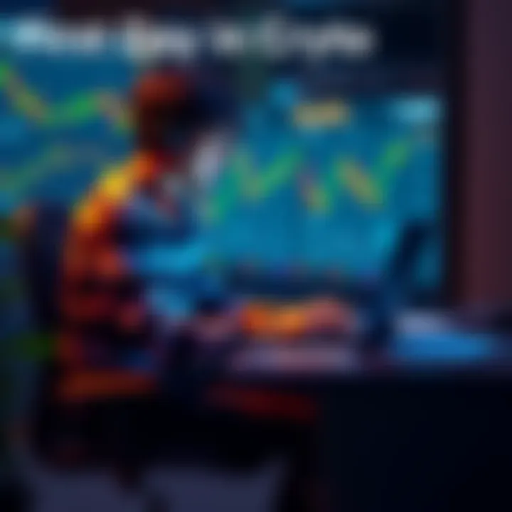 A beginner sitting at a desk with a laptop, looking at cryptocurrency charts and notes, showing a mix of excitement and concern.