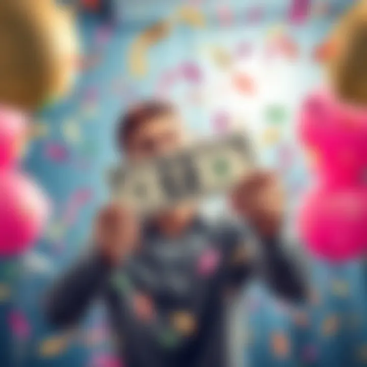 A happy entrepreneur holding up their first dollar earned in a new business venture, surrounded by balloons and confetti.