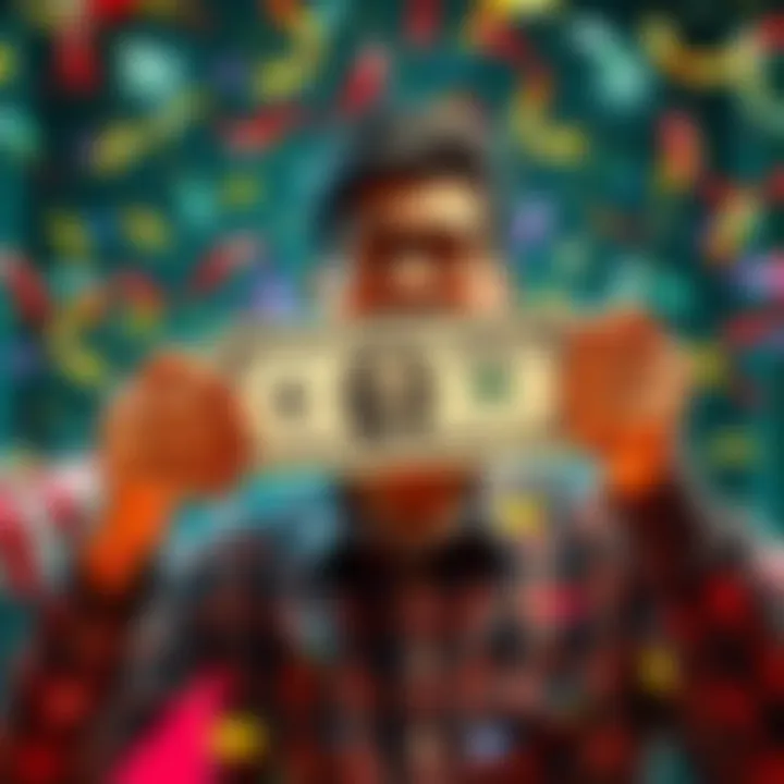 A person proudly holds their first dollar bill with a big smile, surrounded by confetti and celebration decorations.