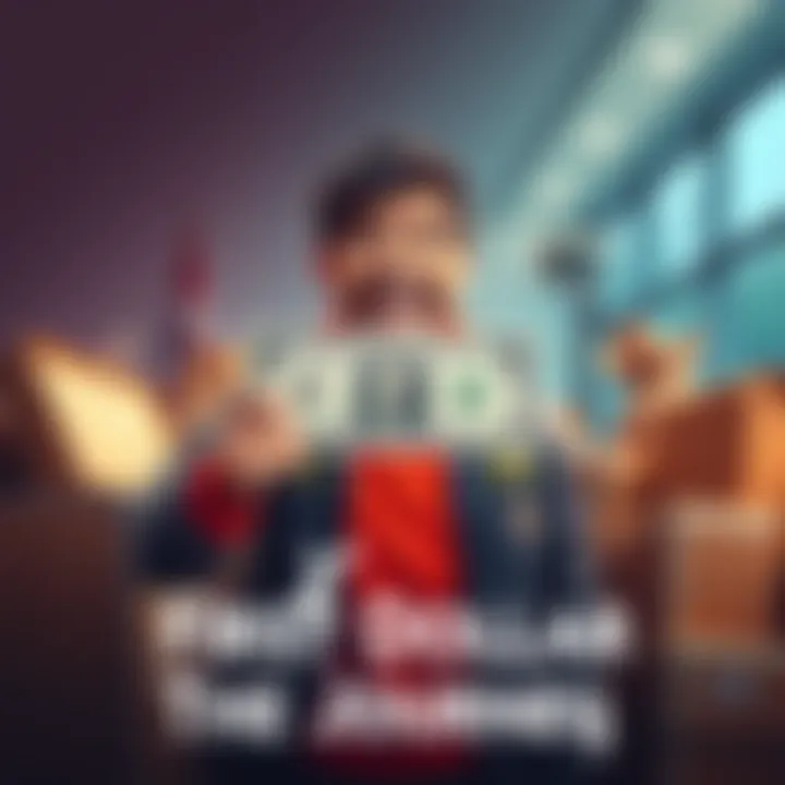 A person excitedly holding their first dollar bill with a cheerful expression, surrounded by various parcels representing their journey.