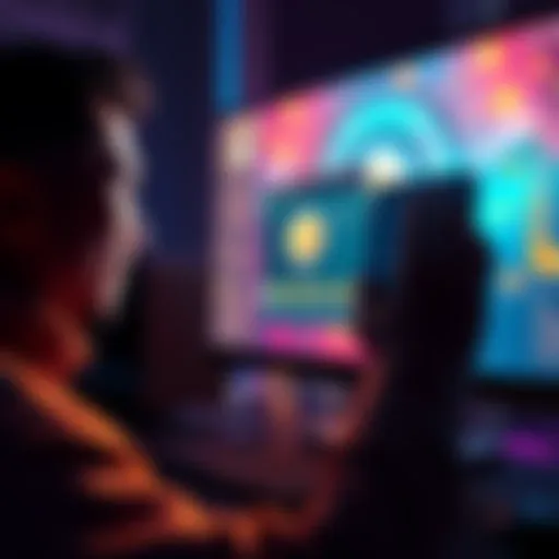 A person looking at their computer screen with an NFT displayed, reminiscing about their first purchase on OpenSea, surrounded by digital art and cryptocurrency symbols.