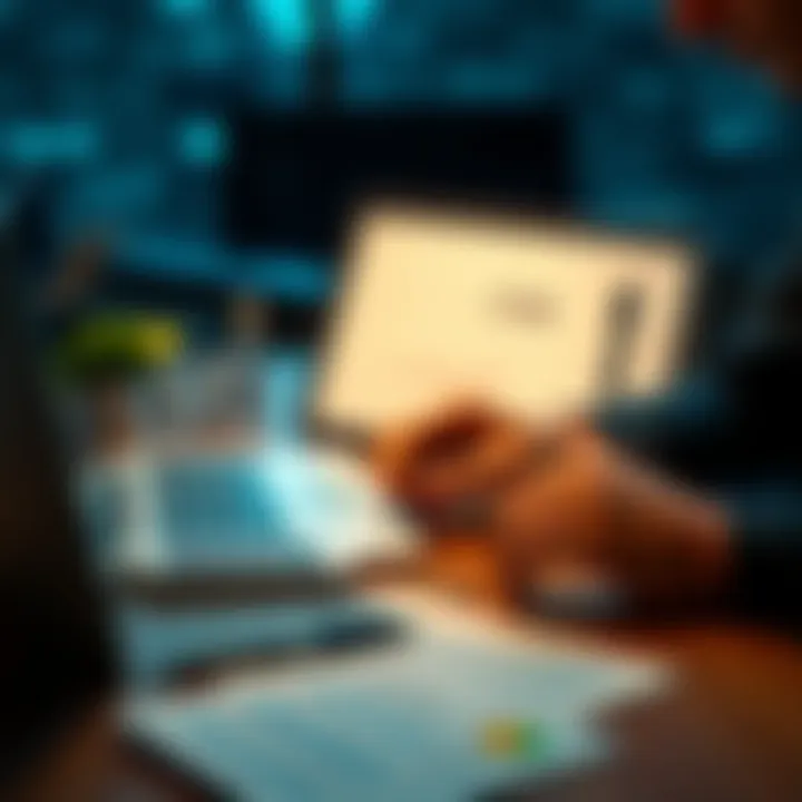 A person looking at different Bitcoin purchase options on a laptop with a calculator and documents on the table