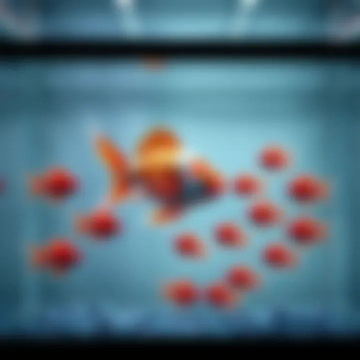 A single colorful fish in a tank, symbolizing growth, with 14 smaller fish appearing alongside it, illustrating the concept of increase from 14 to 24.