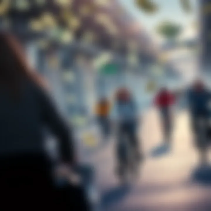 People walking and cycling for rewards A group of people walking and cycling with dollar bills floating around them, symbolizing financial rewards for fitness activities.