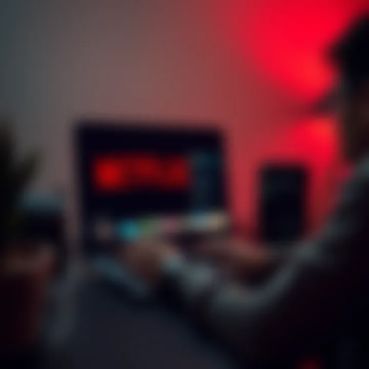 A person troubleshooting Netflix on a laptop while connected to a VPN, looking frustrated while checking settings.
