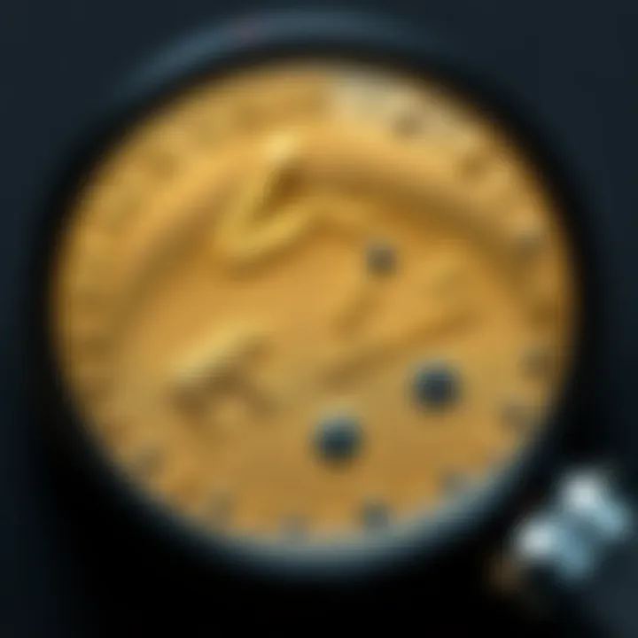 Close-up of a proof coin showing visible flaws and spots, with a magnifying glass beside it for assessment.
