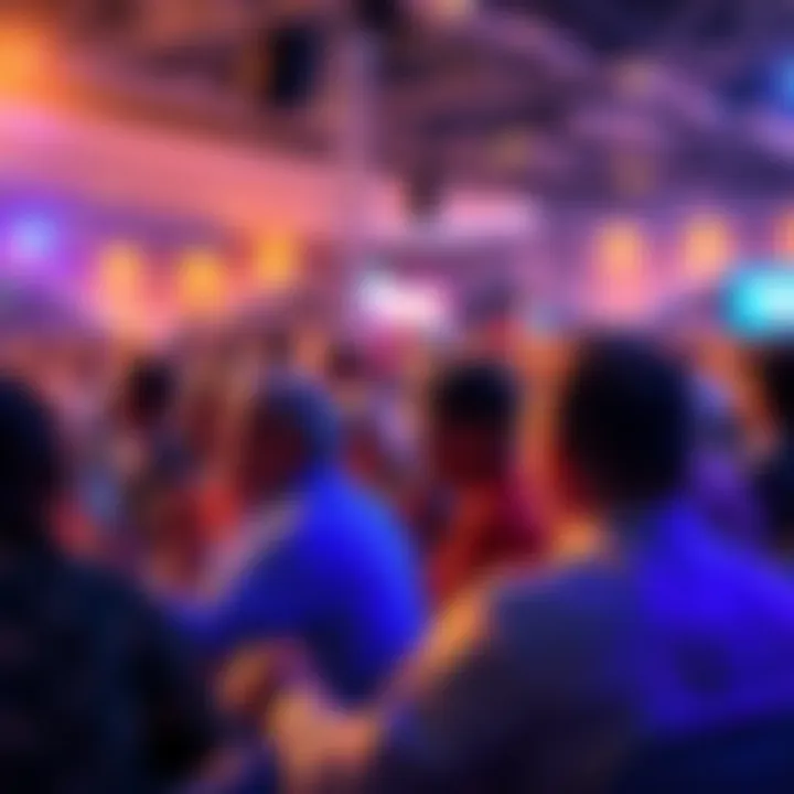 A lively scene with diverse people submitting questions at a Flexa CEO event, showcasing engagement and excitement.